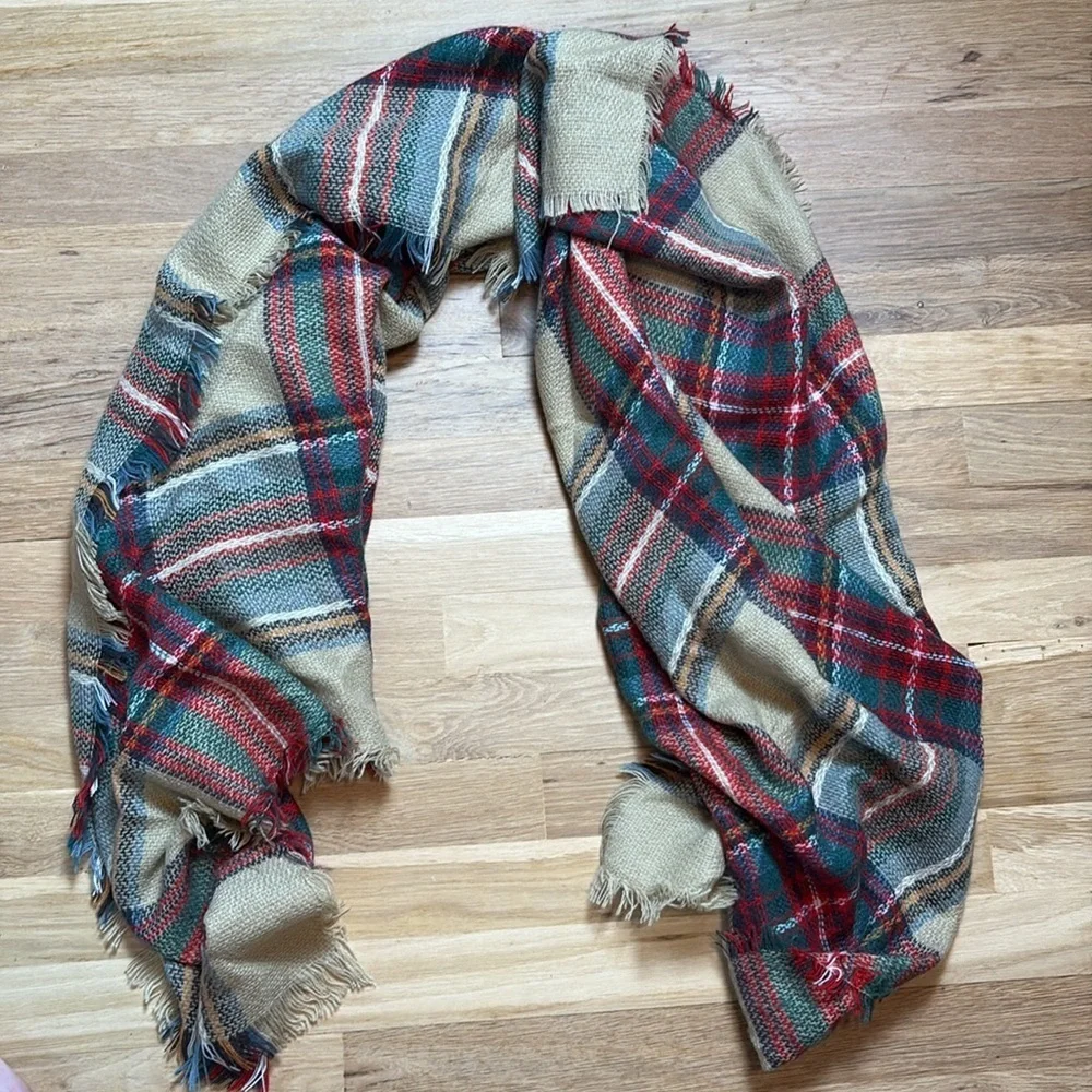 Plaid Red and Green Oversized Fringe Scarf Wrap or Shawl Women’s OS
